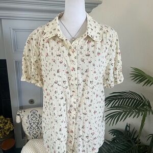 Allegra K Cream Floral Button-Down Blouse